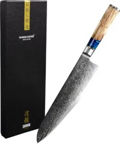 Shinrai Japan - Japans Koksmes - 20 Cm - Damascus Mes - Epoxy Sapphire - Inclusief Luxe Geschenkdoos