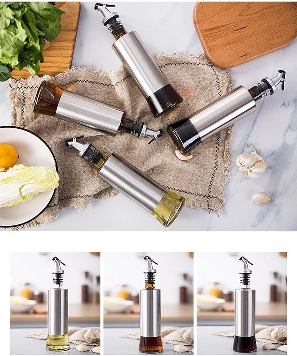 Waterval RVS Olijfoliefles Set Deluxe 500ML - Olieflessen Met Schenktuit – 3 Olijfolie Flessen - Olie Fles Glas - Cadeautip 6 Waterval RVS Olijfoliefles Set Deluxe 500ML - Olieflessen Met Schenktuit – 3 Olijfolie Flessen - Olie Fles Glas - Cadeautip - Afbeelding 4