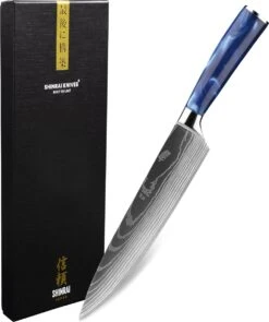 Shinrai Japan - Japans Koksmes 20 Cm - Koksmes - Damascus Mes - Damascus Print Epoxy Sapphire - Met Luxe Geschenkdoos