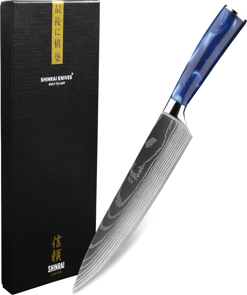 Shinrai Japan - Japans Koksmes 20 Cm - Koksmes - Damascus Mes - Damascus Print Epoxy Sapphire - Met Luxe Geschenkdoos 3 Shinrai Japan - Japans Koksmes 20 Cm - Koksmes - Damascus Mes - Damascus Print Epoxy Sapphire - Met Luxe Geschenkdoos
