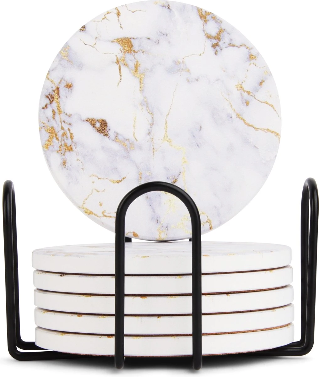 Castagnola Keramische Onderzetters Met Houder – Onderzetters Voor Glazen – Onderzetters Design – Onderzettersset – Drink Onderzetters – Keramisch – Kurk – Set Van 6 – Wit/Goud 4 Castagnola Keramische Onderzetters Met Houder – Onderzetters Voor Glazen – Onderzetters Design – Onderzettersset – Drink Onderzetters – Keramisch – Kurk – Set Van 6 – Wit/Goud - Afbeelding 2