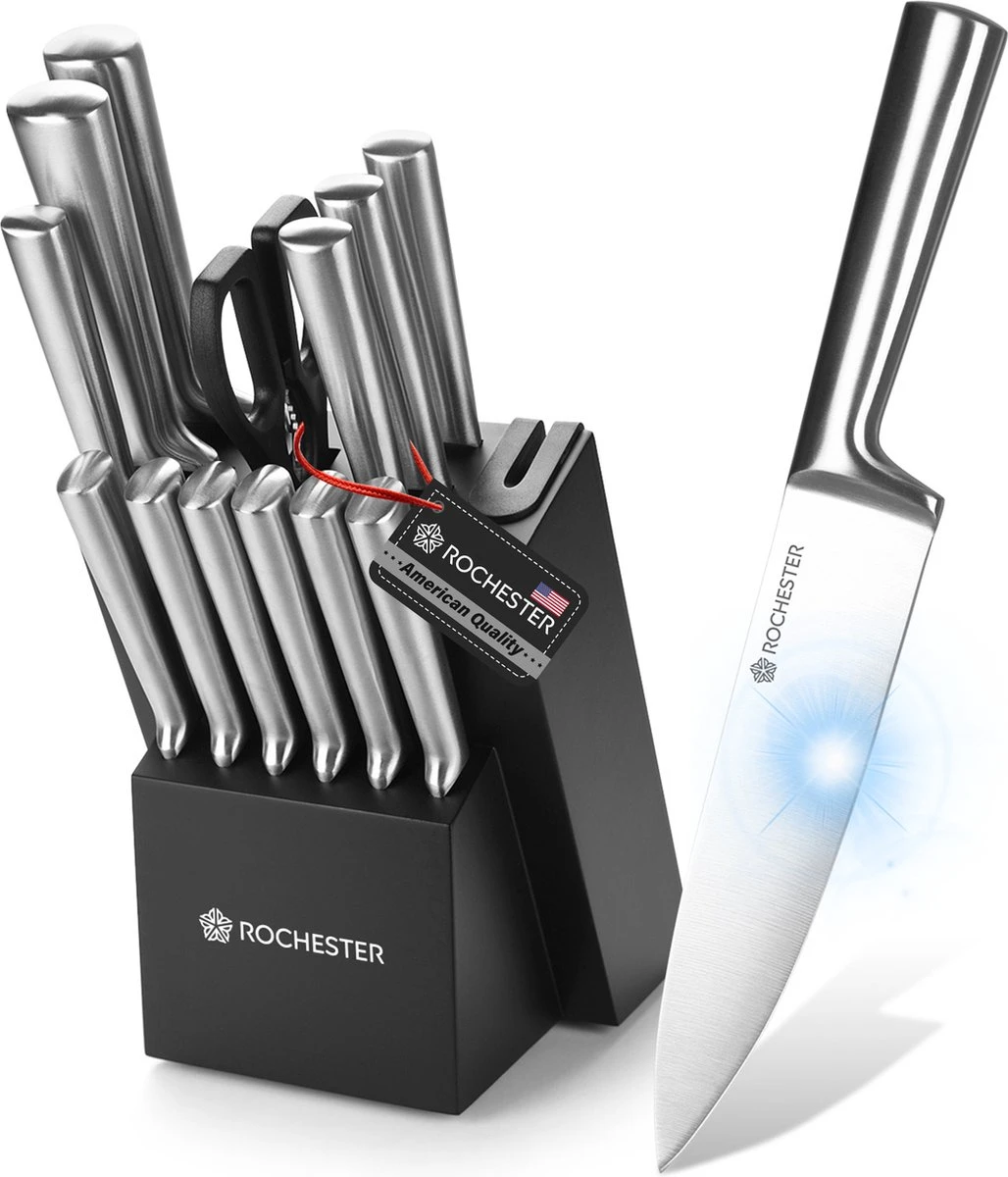 Rochester 14-delige Messenset Met Blok En Messenslijper - Keukenmessen Met Messenblok - RVS - Krasbestendige Coating 3 Rochester 14-delige Messenset Met Blok En Messenslijper - Keukenmessen Met Messenblok - RVS - Krasbestendige Coating