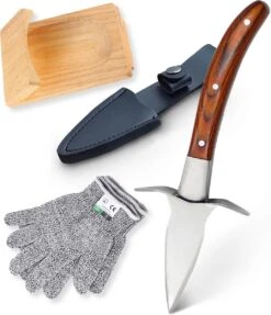 Oyster Supply - Oestermes Met Oesterhandschoenen + Oesterhouder En Messenhoes - Compleet 4-delige Oesterset - Snijbestendige Oesterhandschoenen - Kleur Mes: Bruin