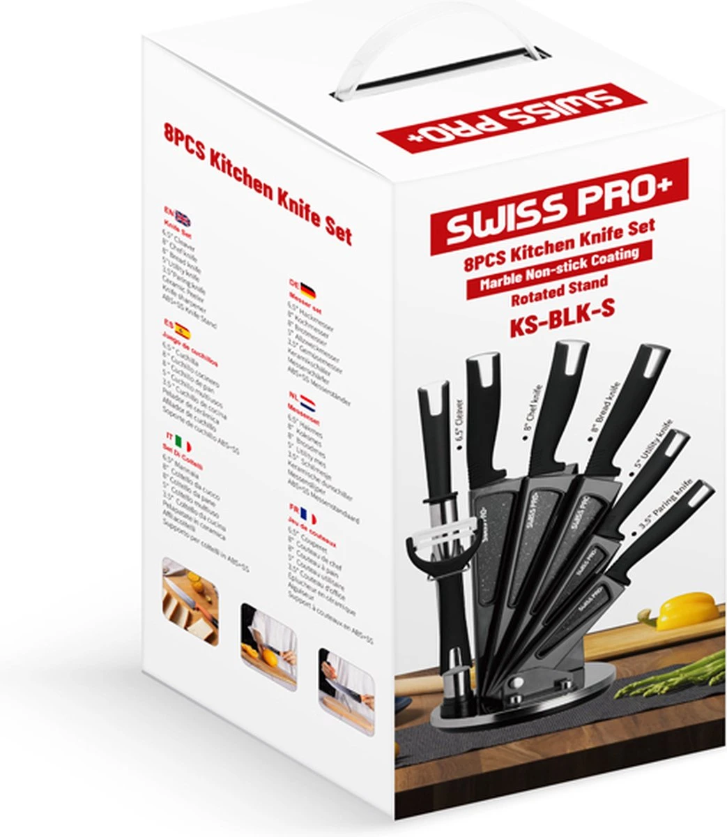 Swiss Pro+ - SP-KSBLK-S - 8-delige Keukenmessenset Met Standaard - Keramisch Messenset - RVS - Inclusief Messenblok - Zwart 10 Swiss Pro+ - SP-KSBLK-S - 8-delige Keukenmessenset Met Standaard - Keramisch Messenset - RVS - Inclusief Messenblok - Zwart - Afbeelding 8