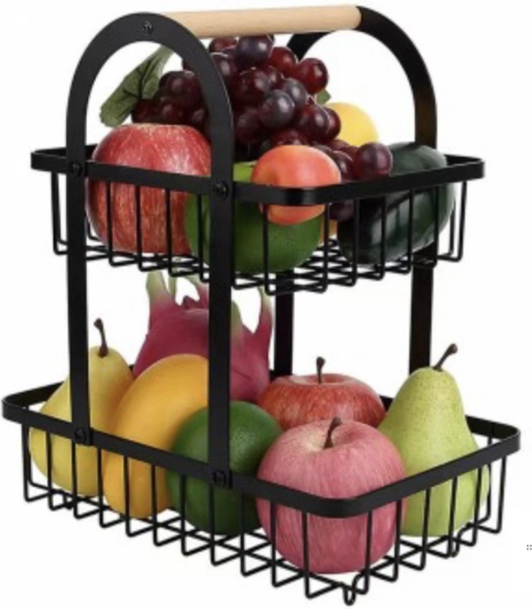 Fruitschaal Etagere 2 Lagen Voor Keuken - Rond - Large - 30x18x32 - Fruitmand Zwart Metaal - Keuken Organizer - Industrieel 3 Fruitschaal Etagere 2 Lagen Voor Keuken - Rond - Large - 30x18x32 - Fruitmand Zwart Metaal - Keuken Organizer - Industrieel