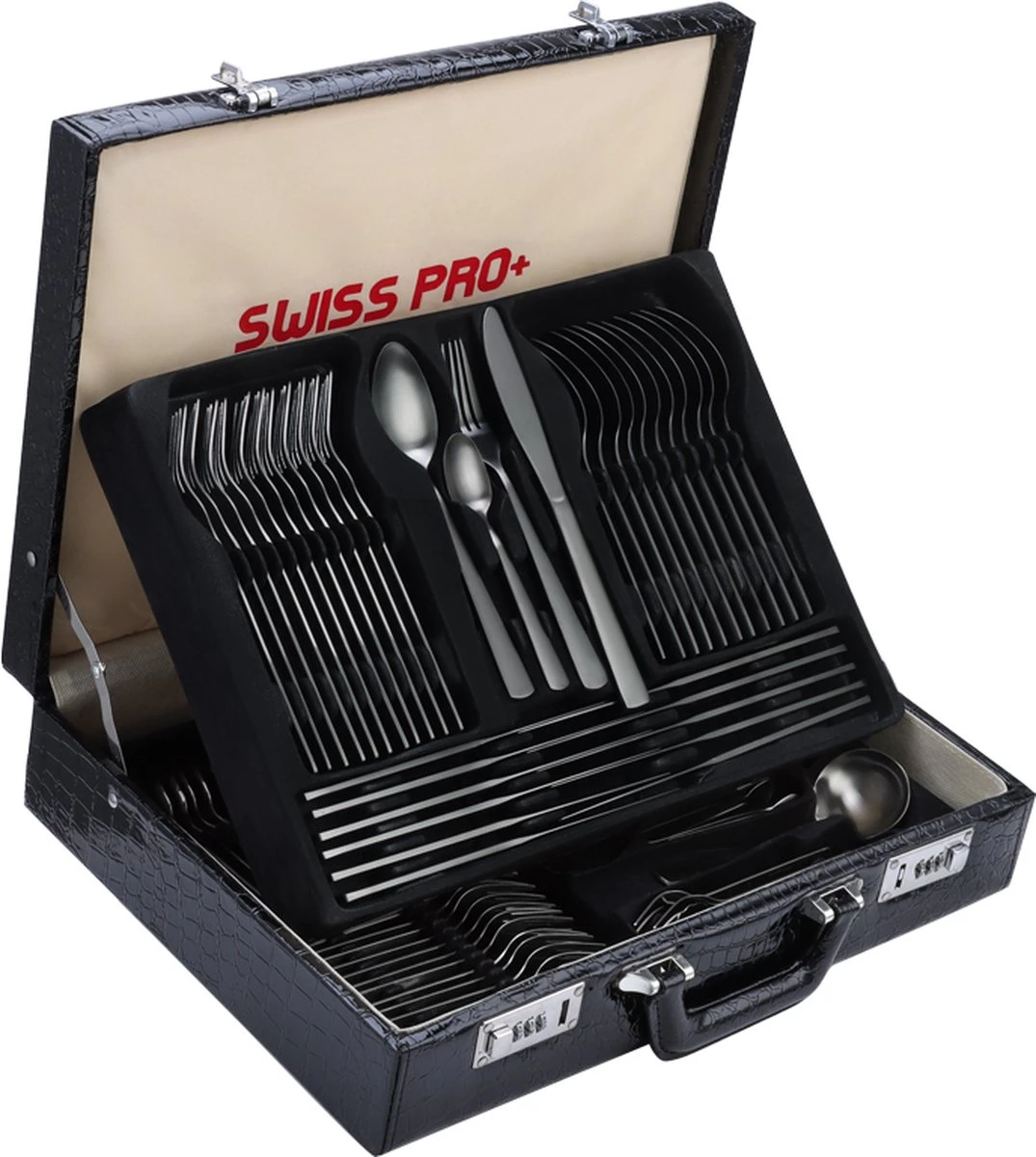 Swiss Pro+ Bestekset In Koffer-72 Delig-12 Persoons-Zwitsers Kwaliteit-Complete Set-100% Roestvrijstaal- Zwart 3 Swiss Pro+ Bestekset In Koffer-72 Delig-12 Persoons-Zwitsers Kwaliteit-Complete Set-100% Roestvrijstaal- Zwart