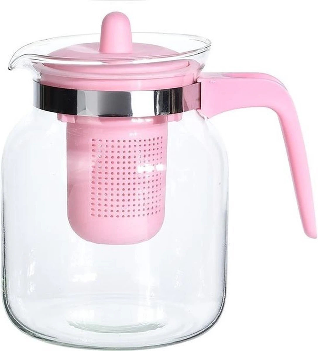 Merkloos Glazen Theepot Met Roze Filter - 1,5 L 3 Merkloos Glazen Theepot Met Roze Filter - 1,5 L