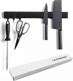 VINESS Magnetische Messenhouder - Messenblok - Messenmagneet Zelfklevend - Messenmagneetstrip - 3 Ophanghaakjes - RVS - Zwart - Duurzaam - Messenrek - 40 Cm