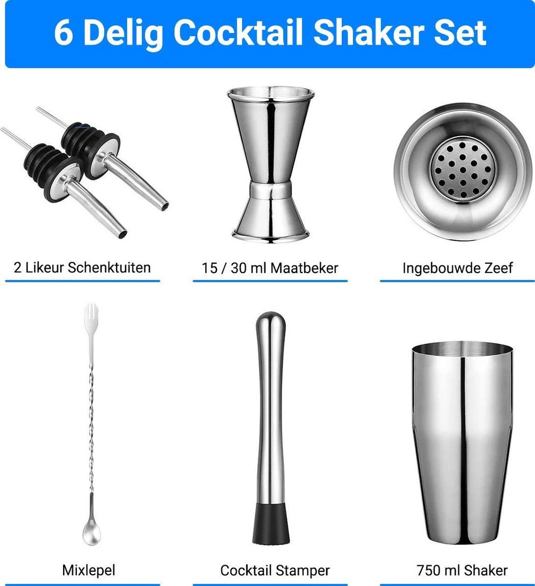 Merkloos Cocktail Set - Cocktail Shaker Set 6 Delig - RVS - Cocktailshaker 750ml - Cocktail Accessoires - Cocktail - Mix Drank - Cocktail Receptboekje - Cocktail Shake Beker 5 Merkloos Cocktail Set - Cocktail Shaker Set 6 Delig - RVS - Cocktailshaker 750ml - Cocktail Accessoires - Cocktail - Mix Drank - Cocktail Receptboekje - Cocktail Shake Beker - Afbeelding 3