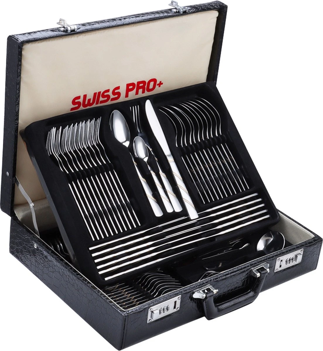 Swiss Pro+ Bestekset In Koffer-72 Delig-12 Persoons-Zwitsers Kwaliteit-Complete Set-100% Roestvrijstaal-Modern Gold 3 Swiss Pro+ Bestekset In Koffer-72 Delig-12 Persoons-Zwitsers Kwaliteit-Complete Set-100% Roestvrijstaal-Modern Gold