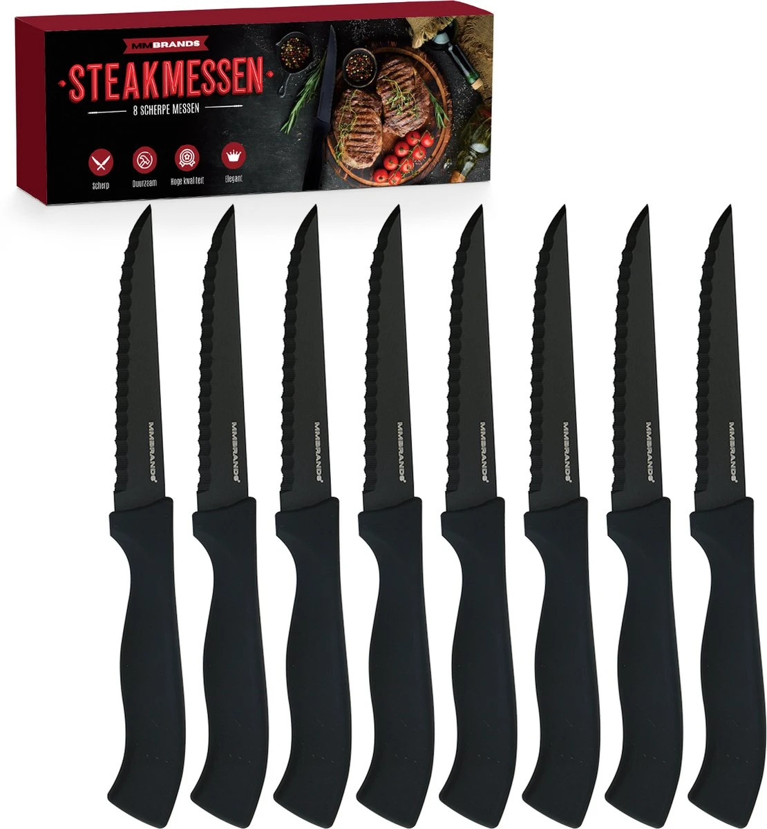 MM Brands Steakmessen - Messenset - Kartelmes - 8 Stuks - Zwart 3 MM Brands Steakmessen - Messenset - Kartelmes - 8 Stuks - Zwart