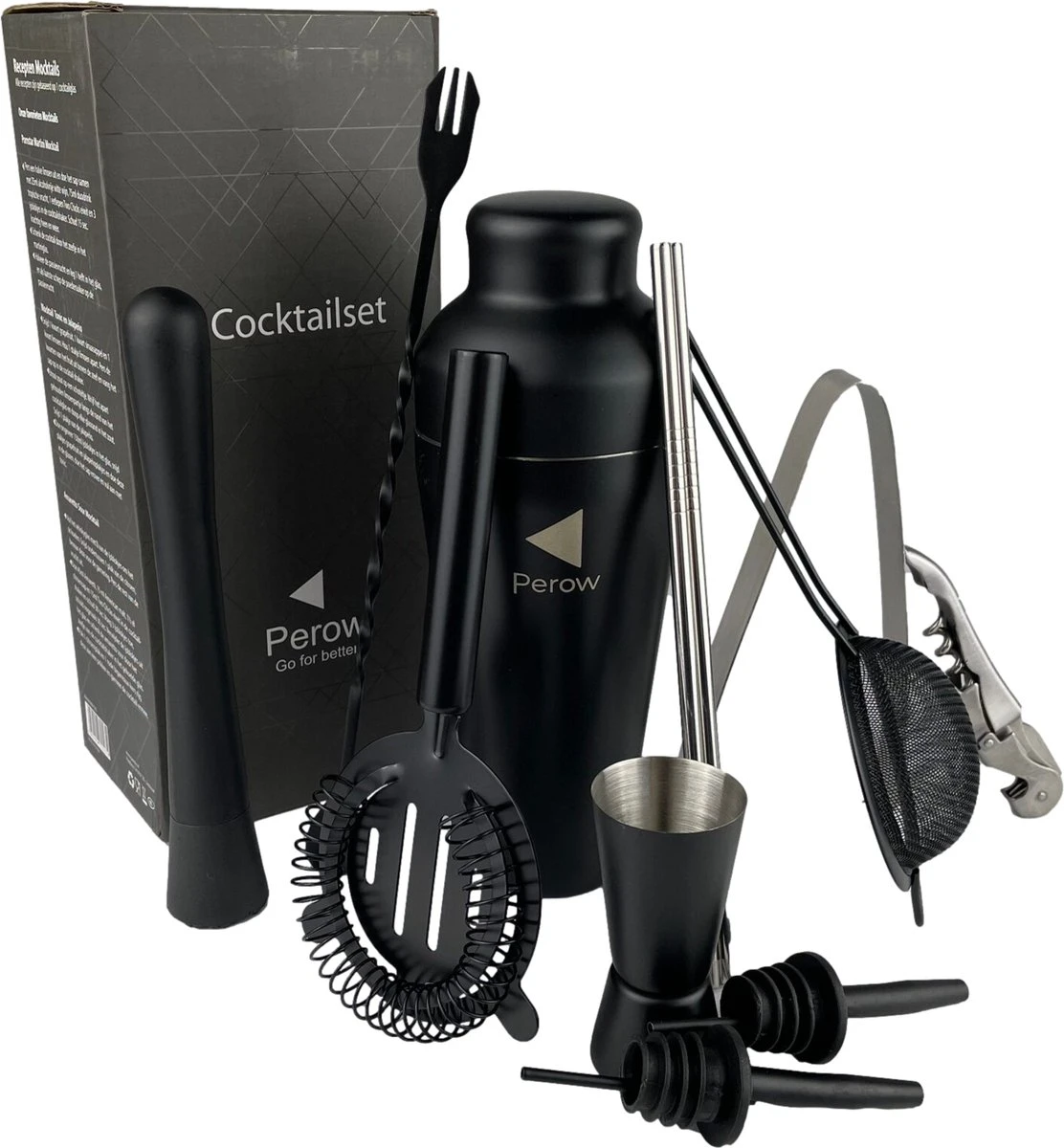 Perow - Cocktail Set - 10 Delig - Cocktail Shaker 600ml - Mat Zwart 3 Perow - Cocktail Set - 10 Delig - Cocktail Shaker 600ml - Mat Zwart