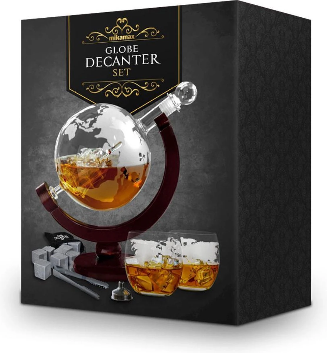 MikaMax Globe Whiskey Decanter – Standaard Versie – Whiskey Set – Complete Set – Whiskey Karaf – Incl. 2 Whiskey Glazen En Whiskey Stones – 900 ML 9 MikaMax Globe Whiskey Decanter – Standaard Versie – Whiskey Set – Complete Set – Whiskey Karaf – Incl. 2 Whiskey Glazen En Whiskey Stones – 900 ML - Afbeelding 7