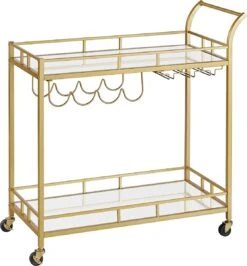 FURNIBELLA - Serveerwagen, Trolley Met Wielen, Glashouder, 2 Glazen Leggers, Bar Trolley, Wijn Trolley, Voor Keuken, Eetkamer, Bar, Goudkleurig LRC090A03