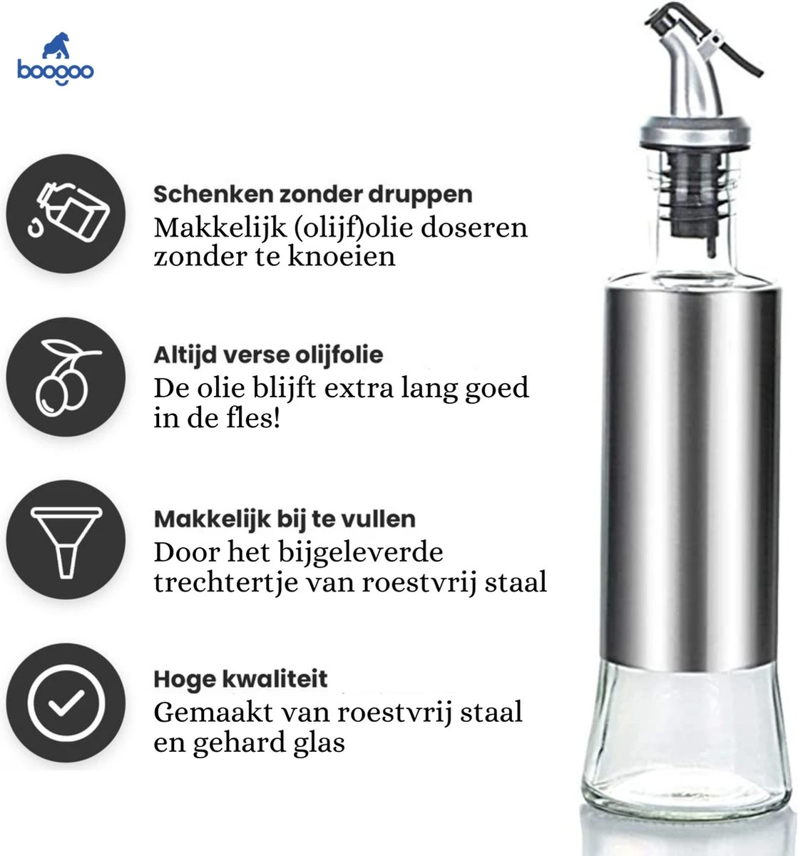 BooGoo® - RVS Oliefles Deluxe - Oliefles Met Schenktuit En Accessoires - Olijfolie Fles - Olie Fles Glas 6 BooGoo® - RVS Oliefles Deluxe - Oliefles Met Schenktuit En Accessoires - Olijfolie Fles - Olie Fles Glas - Afbeelding 4