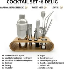 BELLAVITA Cocktail Set - 16-delig - 750ml - Cocktail Shaker - Cocktailset - Cocktailshaker - Bartender Set - Maatbeker - RVS - Bamboe -Skimask 1119x1200 5