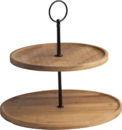 Etagere 2-laags Van Bamboe 25 X 24 Cm - Ronde Etagere - High Tea Serveerplateau - Tapas Kaasplankje/borrelplankje