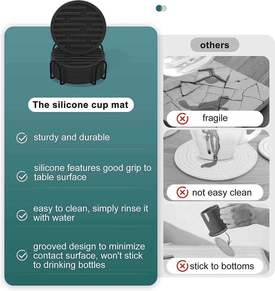 BOTC Siliconen Onderzetters Met Houder - Set Van 10 - Onderzettersset - Onderzetters Voor Glazen - Zwart 9 BOTC Siliconen Onderzetters Met Houder - Set Van 10 - Onderzettersset - Onderzetters Voor Glazen - Zwart - Afbeelding 7