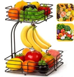 SensaHome - Fruitmand Met Bananenhouder - Vierkant 2-Laags Zwart - Fruitschaal - Etagere - Metaal - Industrial - Modern -Skimask 1153x1200 11