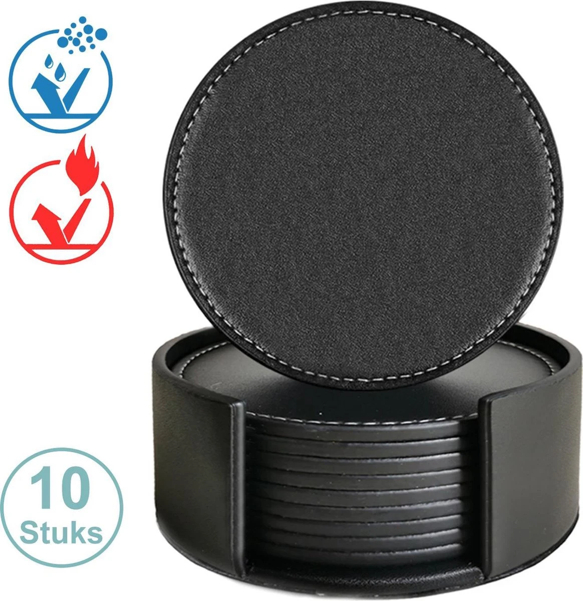 Luxe Leren Onderzetters Met Houder - 10 Stuks - Onderleggers Voor Glazen - Glasonderzetters Voor Op Tafel - Coasters - Zwart - Rond 3 Luxe Leren Onderzetters Met Houder - 10 Stuks - Onderleggers Voor Glazen - Glasonderzetters Voor Op Tafel - Coasters - Zwart - Rond