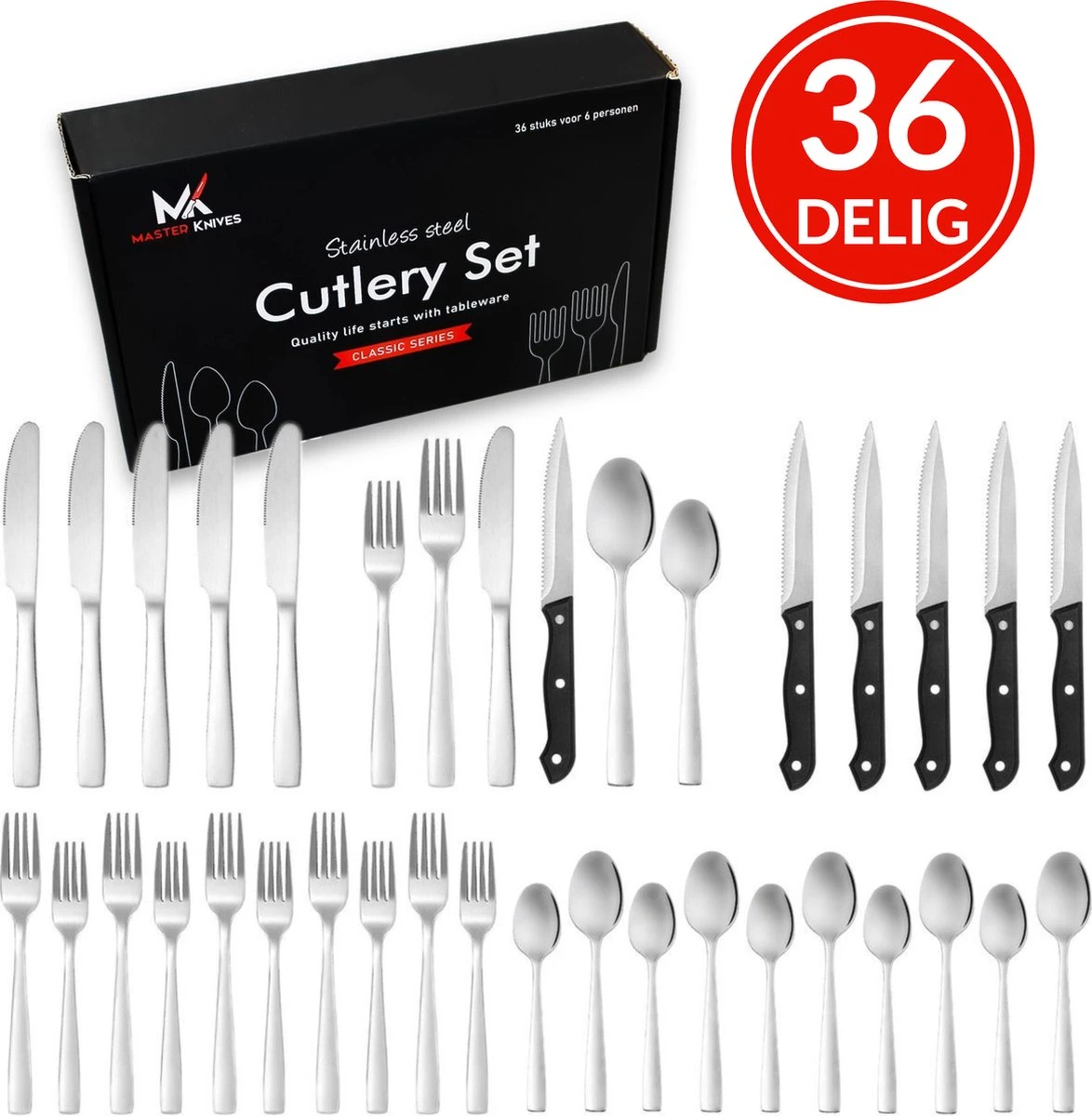 Master Knives 6 Persoons Bestekset (36-delig) - Lepels, Messen, Vorken & Steakmessen - Vaatwasserbestendig - Zilver / RVS