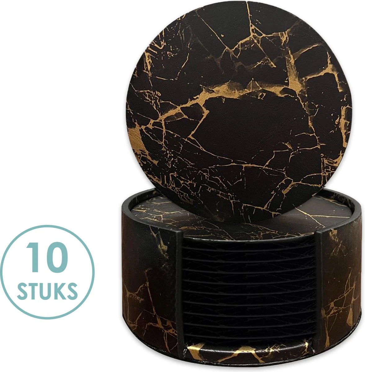 Luxe Leren Marmeren Onderzetters Met Houder - 10 Stuks - Onderleggers Voor Glazen - Glasonderzetters Voor Op Tafel - Coasters - Zwart / Goud - Rond 3 Luxe Leren Marmeren Onderzetters Met Houder - 10 Stuks - Onderleggers Voor Glazen - Glasonderzetters Voor Op Tafel - Coasters - Zwart / Goud - Rond