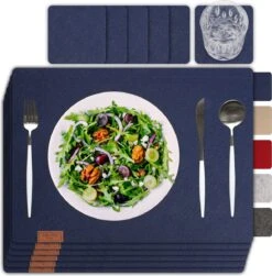 Sølmo I 6st Premium Vilt Placemats Placemat 42x32 Cm Afwasbaar Vilt Placemats Coasters Plaat Placemats + Glas Coasters Echt Hout Tafel Geschikt Blauw, Nacht Blauw