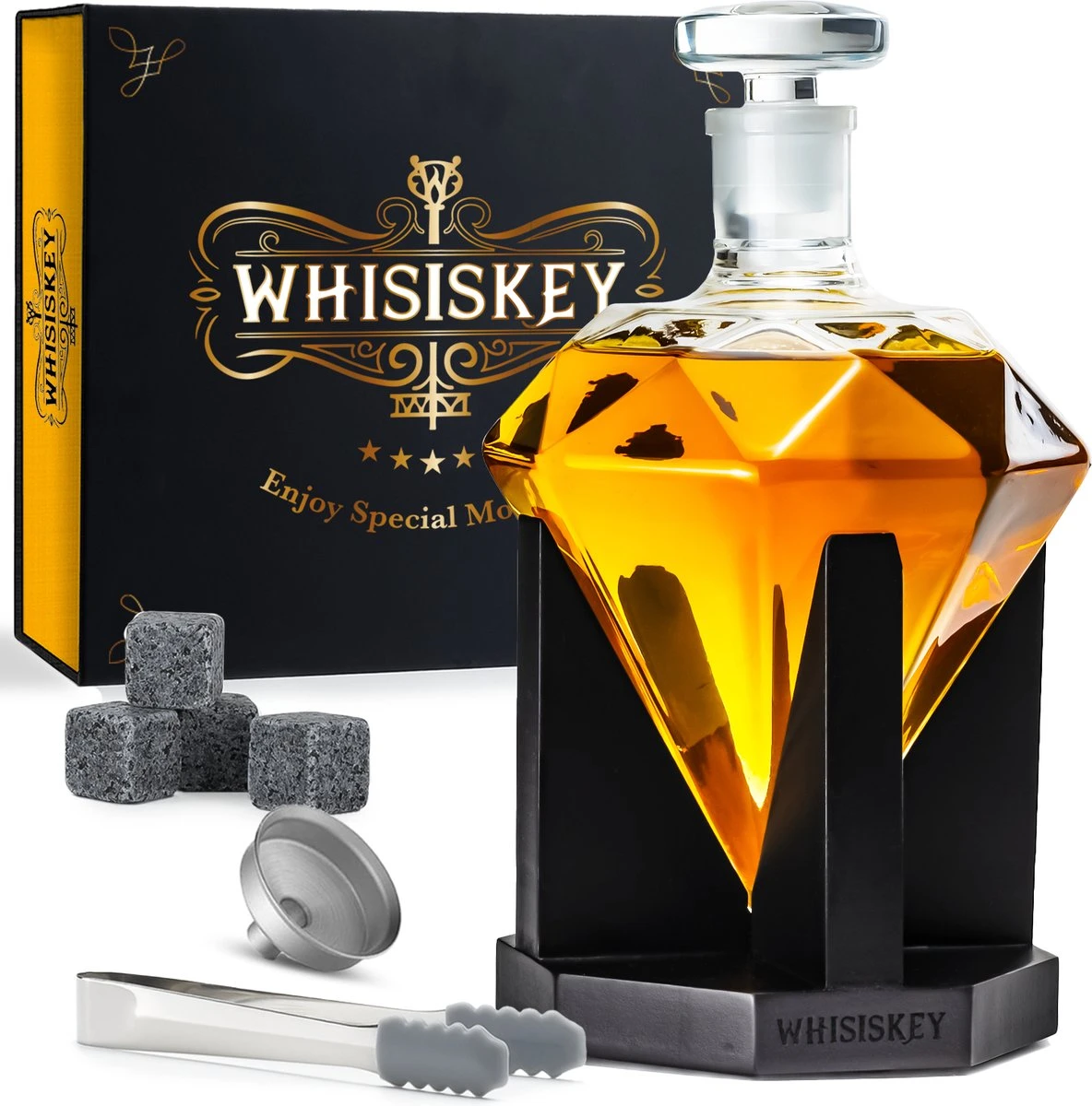 Whisiskey Whiskey Karaf - Diamant- Luxe Whisky Karaf Set - 0,9 L - Decanteer Karaf - Whiskey Set - Incl. 4 Whiskey Stones & Schenktuit - Peaky Blinders - Cadeau Voor Man & Vrouw 3 Whisiskey Whiskey Karaf - Diamant- Luxe Whisky Karaf Set - 0,9 L - Decanteer Karaf - Whiskey Set - Incl. 4 Whiskey Stones & Schenktuit - Peaky Blinders - Cadeau Voor Man & Vrouw