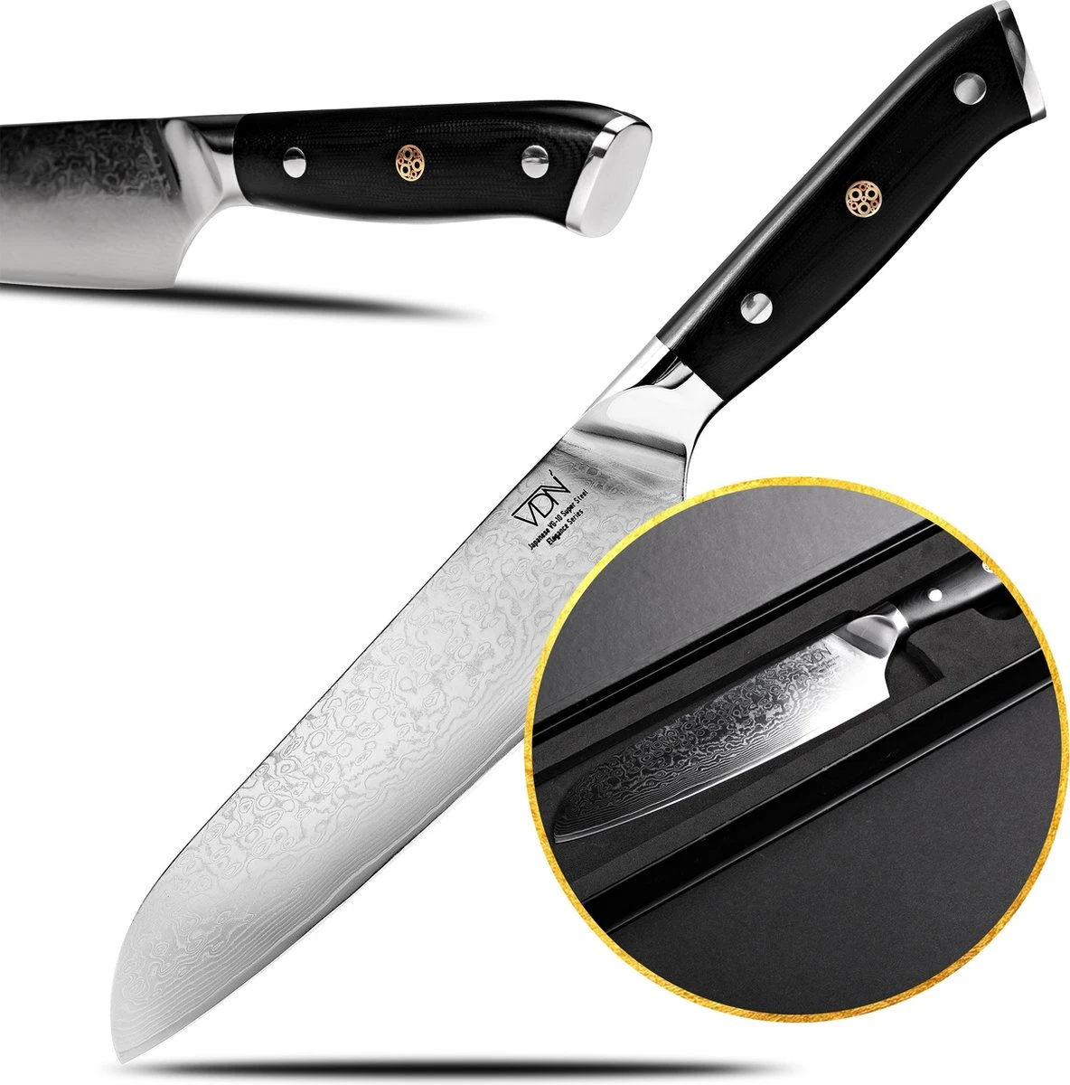 VDN Santokumes Damascus - Elegance Serie - VG-10 Japans Damaststaal - 66 Lagen Staal 3 VDN Santokumes Damascus - Elegance Serie - VG-10 Japans Damaststaal - 66 Lagen Staal