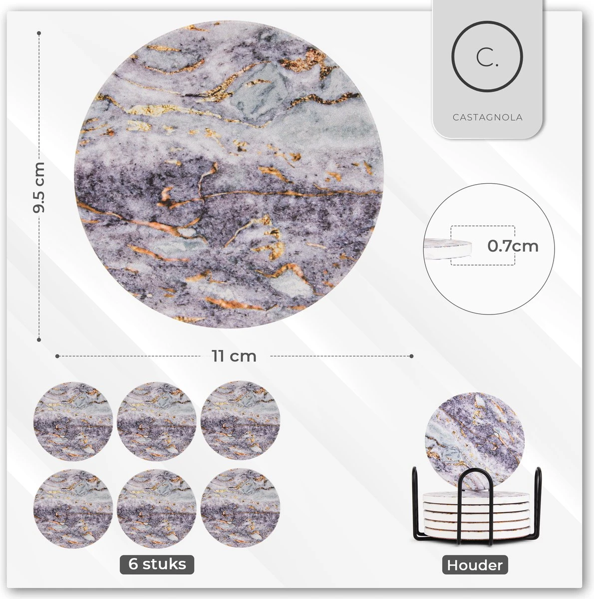 Castagnola Keramische Onderzetters Met Houder – Onderzetters Voor Glazen – Onderzetters Design – Onderzettersset – Drink Onderzetters – Keramisch – Kurk – Set Van 6 – Grijs/Goud 7 Castagnola Keramische Onderzetters Met Houder – Onderzetters Voor Glazen – Onderzetters Design – Onderzettersset – Drink Onderzetters – Keramisch – Kurk – Set Van 6 – Grijs/Goud - Afbeelding 5