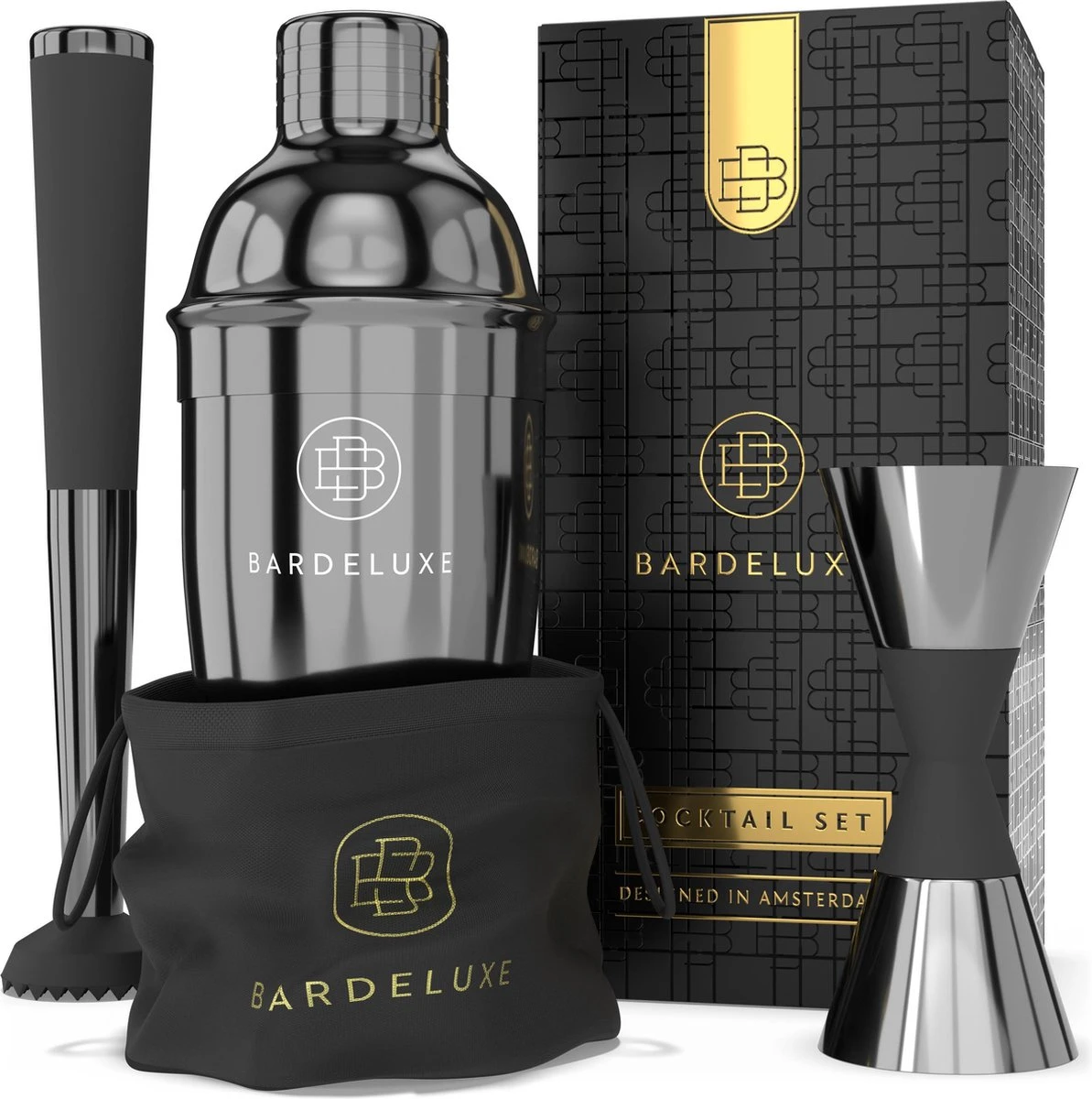 Cocktail Set Van BarDeluxe® - 3-Delig - 750ml Cocktail Shaker - Jigger / Maatbeker - Cocktail Stamper - Inclusief Nederlandstalig Receptenboek + Bewaarhoes - Metaal Zwart 3 Cocktail Set Van BarDeluxe® - 3-Delig - 750ml Cocktail Shaker - Jigger / Maatbeker - Cocktail Stamper - Inclusief Nederlandstalig Receptenboek + Bewaarhoes - Metaal Zwart