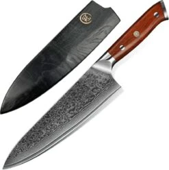 KitchenMonster® Koksmes Damascus Mes 34 Cm - Keukenmes Geschikt Voor Vlees/Vis/Groenten/Brood - 67 Lagen Damascus Staal - Inclusief Houten Mesbeschermer