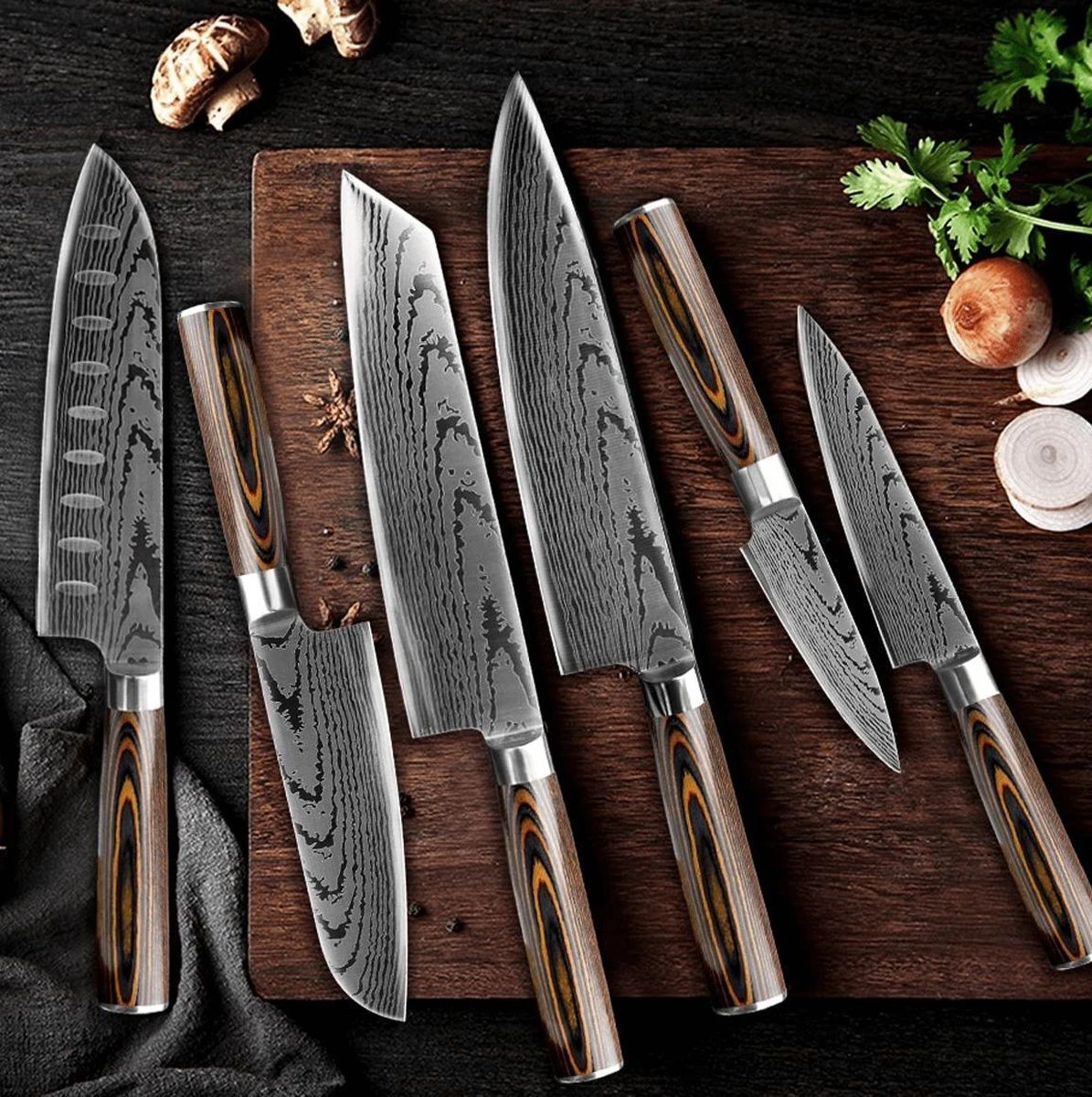 Larra™ - 7-delige Professionele Damascus Messen Set - Koksmessen - Japanse Messen - Koksmes - Damascus 4 Larra™ - 7-delige Professionele Damascus Messen Set - Koksmessen - Japanse Messen - Koksmes - Damascus - Afbeelding 2