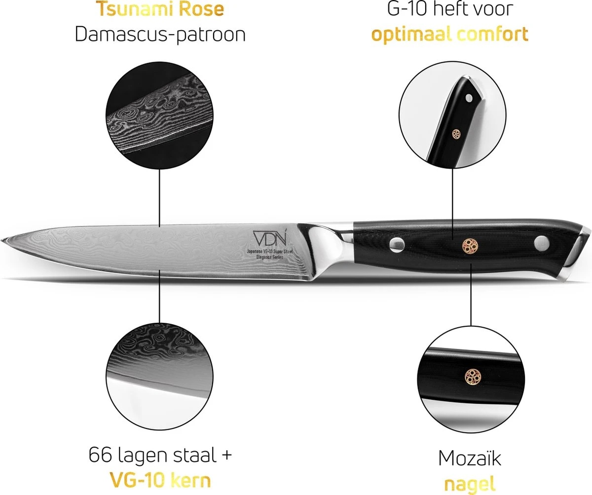 VDN Universeel Officemes Damascus - Elegance Serie - VG-10 Japans Damaststaal - 67 Lagen Staal 12 VDN Universeel Officemes Damascus - Elegance Serie - VG-10 Japans Damaststaal - 67 Lagen Staal - Afbeelding 10