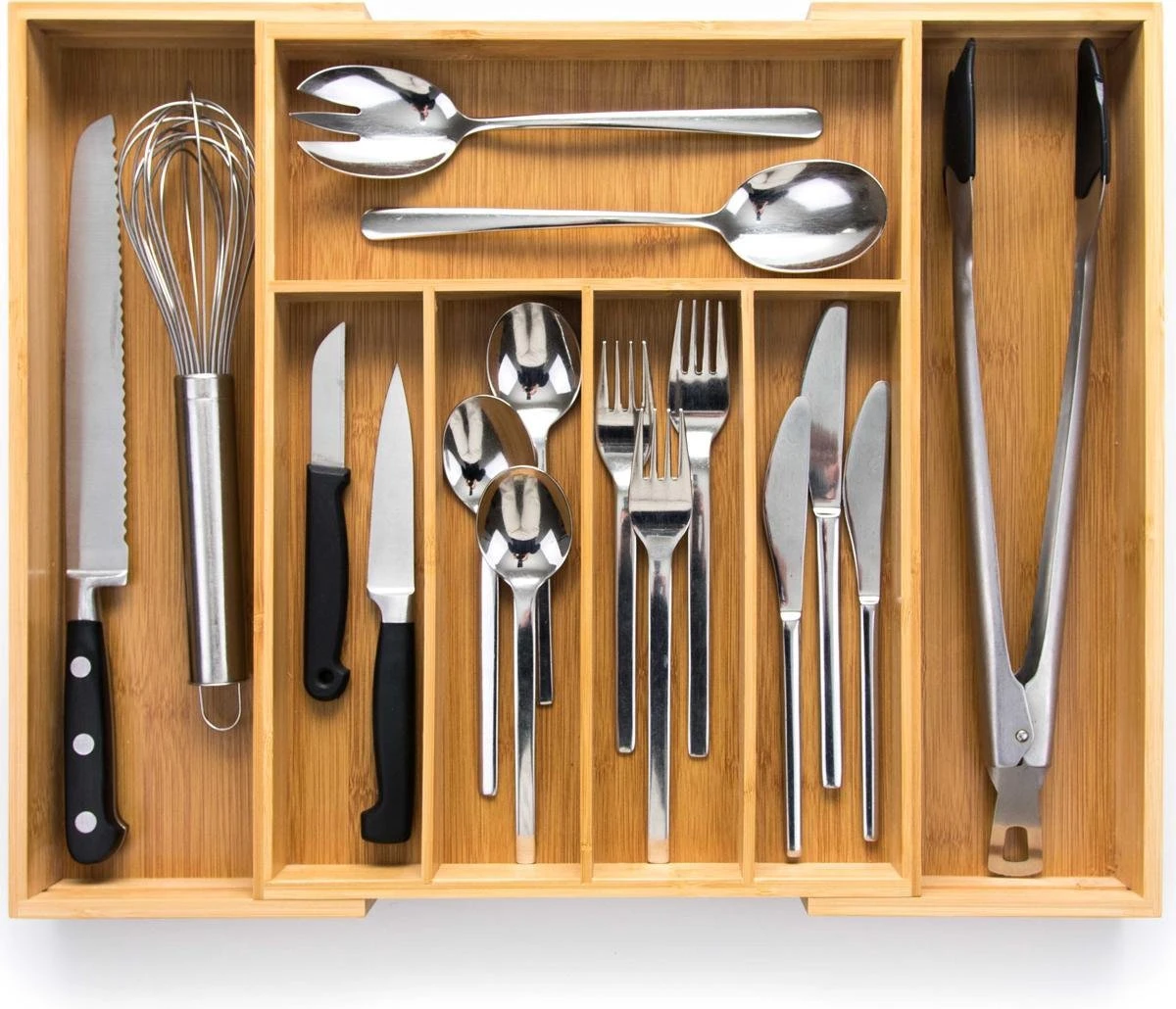 Budu Uitschuifbare Bamboe Bestekbak #38 (38 Cm Diep) - Bestekcassette Hout - Besteklade - 38 X 29,5 - 47,8 Cm - 5/7 Vakken 3 Budu Uitschuifbare Bamboe Bestekbak #38 (38 Cm Diep) - Bestekcassette Hout - Besteklade - 38 X 29,5 - 47,8 Cm - 5/7 Vakken