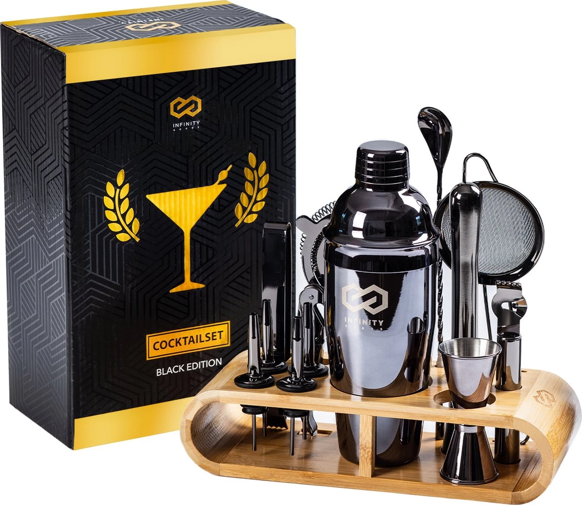 Infinity Goods Cocktailset - 15 Delige Zwarte Cocktail Shaker Set - Luxe Cadeauverpakking - Inclusief Recepten - Zwart 3 Infinity Goods Cocktailset - 15 Delige Zwarte Cocktail Shaker Set - Luxe Cadeauverpakking - Inclusief Recepten - Zwart