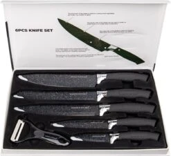 Messenset 6-Delige Luxe - Santoku-mes, Broodmes, Vleesmes, Universeel Mes, Schilmes En Dunschiller - Rvs - Antikleeflaag - Zwart -Skimask 1200x1096