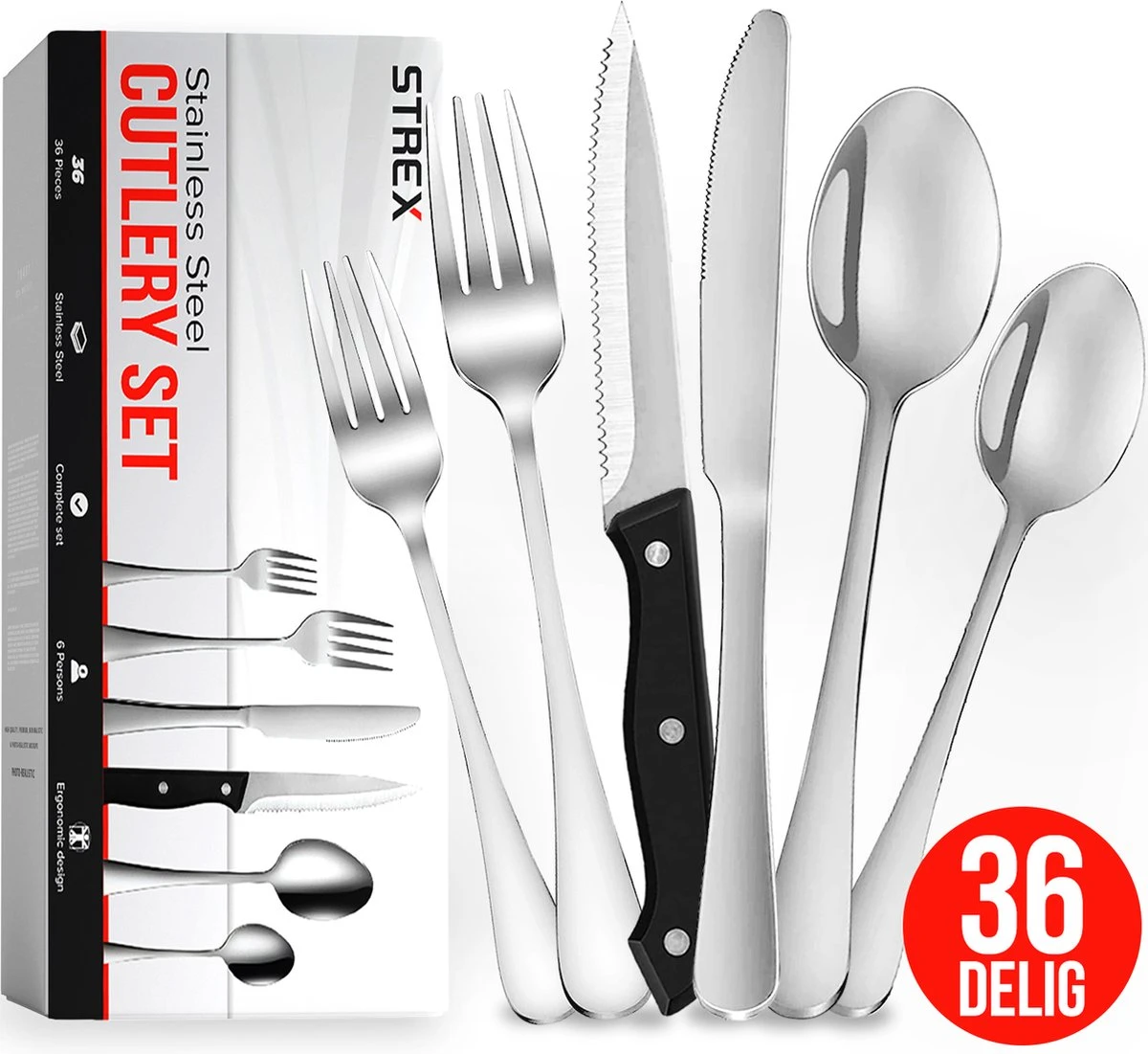 Strex Bestekset 6 Persoons - Zilver - 36-delig - Roestvrij Staal - Lepels, Messen, Vorken En Steakmessen - Hoogwaardige Kwaliteit 3 Strex Bestekset 6 Persoons - Zilver - 36-delig - Roestvrij Staal - Lepels, Messen, Vorken En Steakmessen - Hoogwaardige Kwaliteit