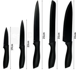 Merkloos MDO Luxe Messenset - 5-delig - Santoku-mes - Broodmes - Vleesmes - Schilmes - RVS - Antikleeflaag - Zwart -Skimask 1200x1109 1