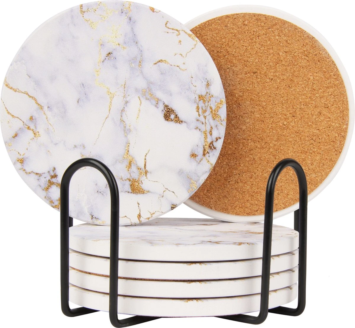 Castagnola Keramische Onderzetters Met Houder – Onderzetters Voor Glazen – Onderzetters Design – Onderzettersset – Drink Onderzetters – Keramisch – Kurk – Set Van 6 – Wit/Goud 3 Castagnola Keramische Onderzetters Met Houder – Onderzetters Voor Glazen – Onderzetters Design – Onderzettersset – Drink Onderzetters – Keramisch – Kurk – Set Van 6 – Wit/Goud
