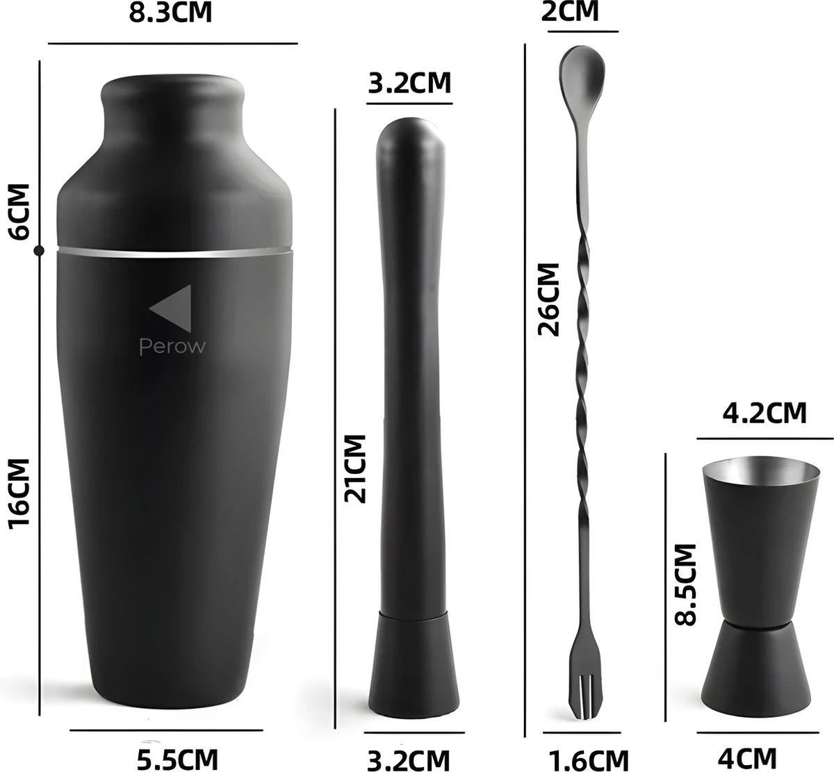 Perow - Cocktail Set - 10 Delig - Cocktail Shaker 600ml - Mat Zwart 7 Perow - Cocktail Set - 10 Delig - Cocktail Shaker 600ml - Mat Zwart - Afbeelding 5