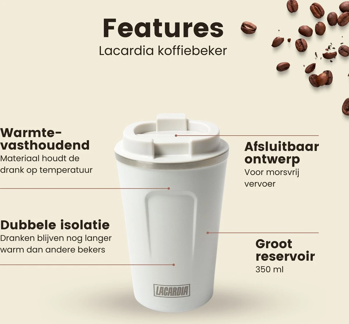 LaCardia Koffiebeker To Go Premium Wit – Thermosbeker – Theebeker – 380ML – Herbruikbaar 7 LaCardia Koffiebeker To Go Premium Wit – Thermosbeker – Theebeker – 380ML – Herbruikbaar - Afbeelding 5
