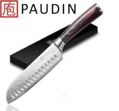 PAUDIN N5 Professioneel RVS Japans Santoku Mes - 17,5 Cm - Hoogwaardig Roestvast Duits Carbonstaal - Damascus Patroon - Cadeau Tip