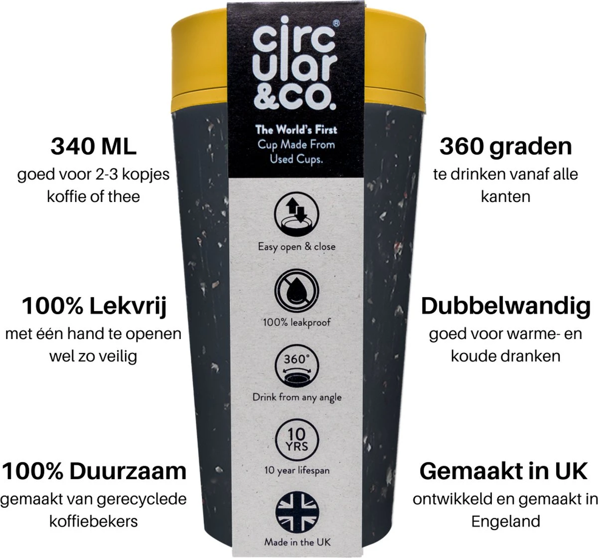 Circular&Co. Herbruikbare To Go Koffiebeker (rCUP) Zwart/geel 12oz/340ml 5 Circular&Co. Herbruikbare To Go Koffiebeker (rCUP) Zwart/geel 12oz/340ml - Afbeelding 3