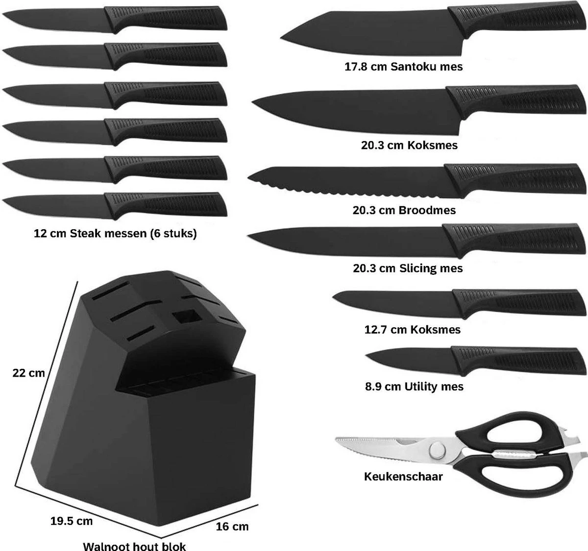 Merkloos Luxe Messenset - Met Houten Blok - 13-Delig - Met Schaar - Zwart/ RVS – Moderne Keukenmessen - Professionele Koksmessen 14 Merkloos Luxe Messenset - Met Houten Blok - 13-Delig - Met Schaar - Zwart/ RVS – Moderne Keukenmessen - Professionele Koksmessen - Afbeelding 12