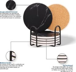 Sincer Keramische Onderzetters Voor Glazen Met Houder – Set Van 6 Zwarte Keramische/Marmeren Onderleggers –Luxe/Modern Design - Premium Kwaliteit – Kurken Antislip Onderkant – Hittebestendig – Zeer Absorberend – Rond – Duurzaam/Milieuvriendelijk -Skimask 1200x1135 15