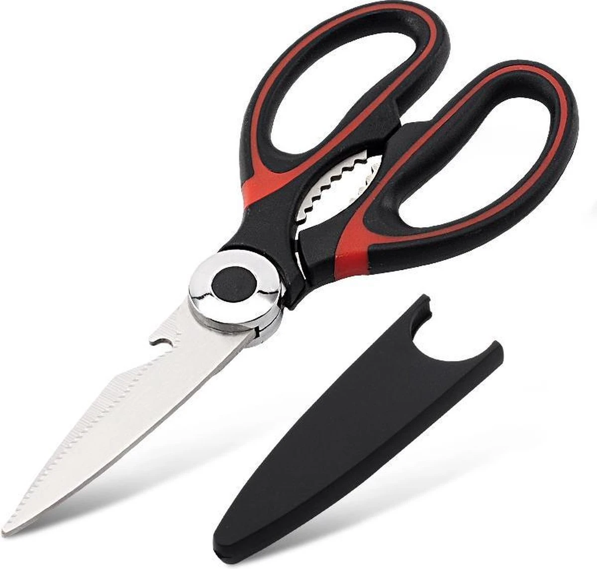 Merkloos Multifunctionele RVS Keukenschaar - Notenkraker - Flessenopener - Fileermes - Huishoudschaar - Linkshandig En Rechtshandig - Vaatwasserbestendig - Voor O.a. Kip/Vlees/Noten/Gevogelte/Papier/Plastic/Groente - Inclusief Beschermhoes