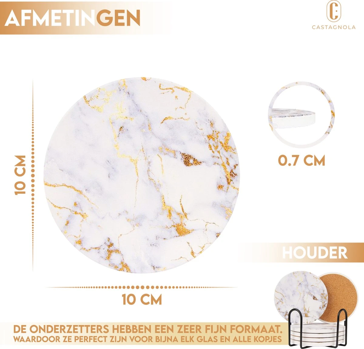 Castagnola Keramische Onderzetters Met Houder – Onderzetters Voor Glazen – Onderzetters Design – Onderzettersset – Drink Onderzetters – Keramisch – Kurk – Set Van 6 – Wit/Goud 5 Castagnola Keramische Onderzetters Met Houder – Onderzetters Voor Glazen – Onderzetters Design – Onderzettersset – Drink Onderzetters – Keramisch – Kurk – Set Van 6 – Wit/Goud - Afbeelding 3
