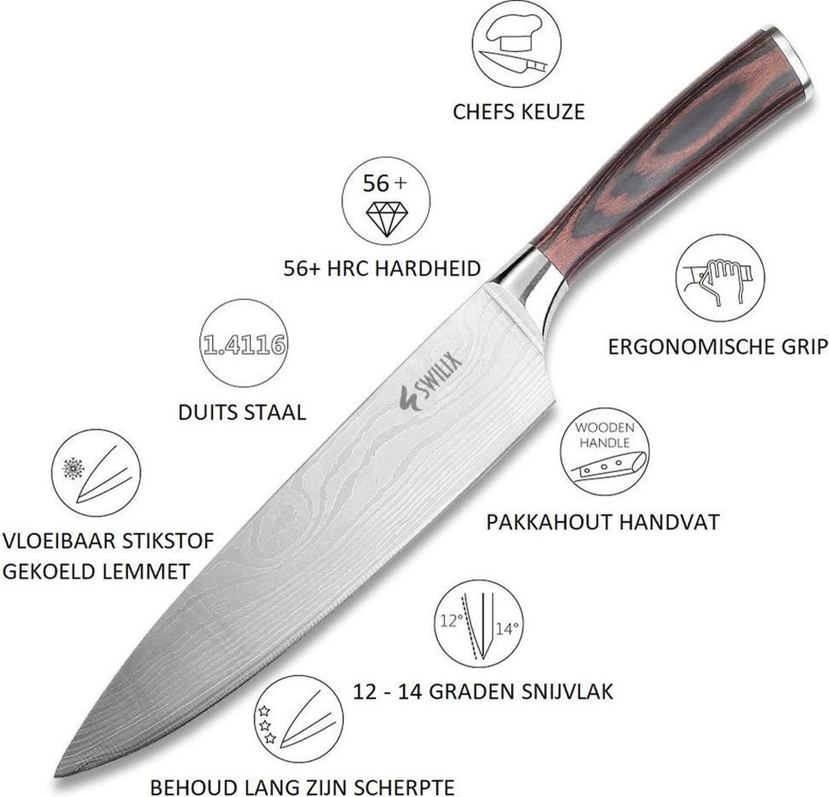 Swilix Professioneel Koksmes 20 CM, Inclusief Messenslijper, Mes- En Vingerbeschermer, Duurzaam En Vlijmscherp - Universeel RVS Keukenmes 4 Swilix Professioneel Koksmes 20 CM, Inclusief Messenslijper, Mes- En Vingerbeschermer, Duurzaam En Vlijmscherp - Universeel RVS Keukenmes - Afbeelding 2