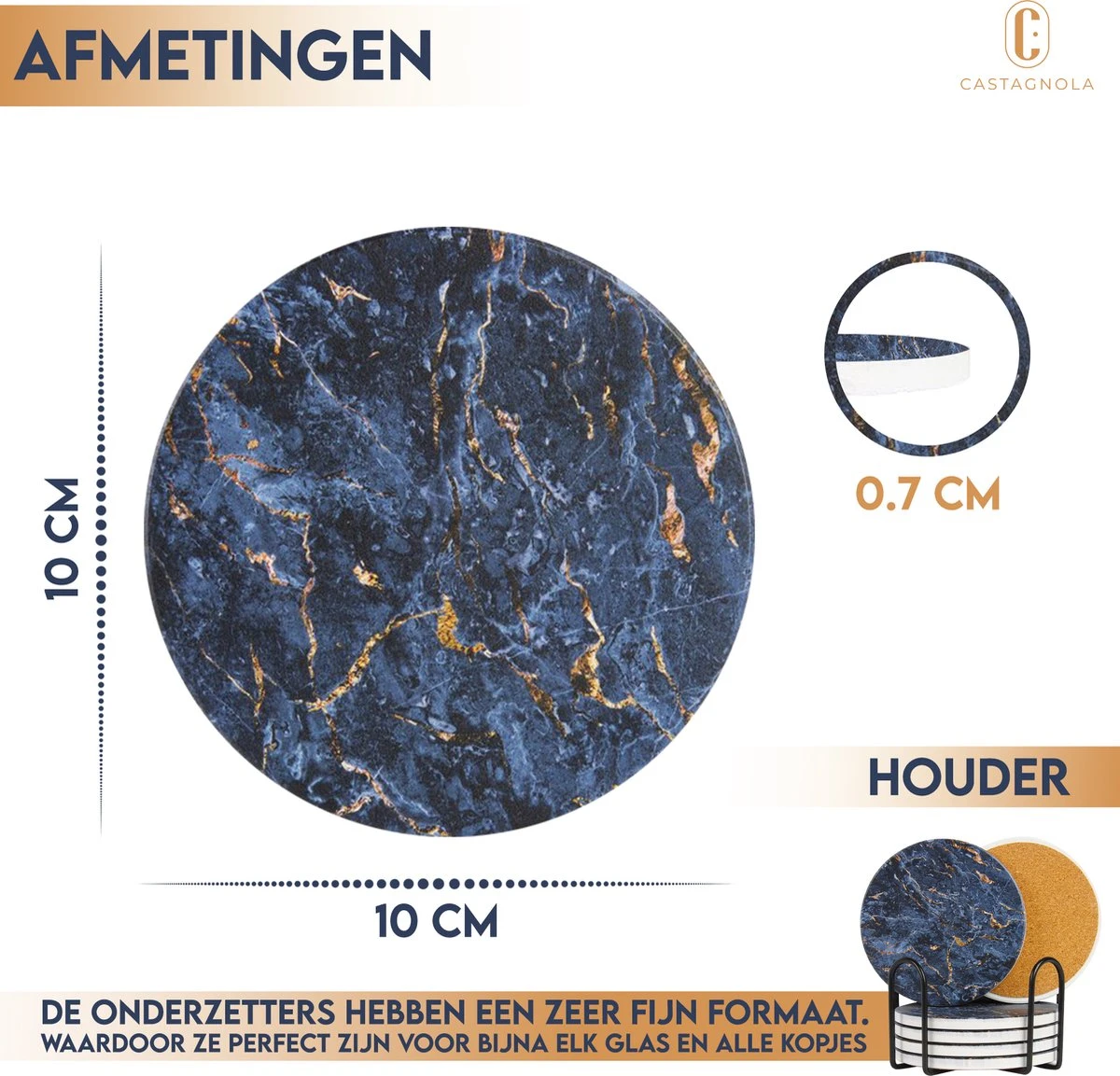 Castagnola Keramische Onderzetters Met Houder – Onderzetters Voor Glazen – Onderzetters Design – Onderzettersset – Drink Onderzetters – Keramisch – Kurk – Set Van 6 – Blauw/Goud 6 Castagnola Keramische Onderzetters Met Houder – Onderzetters Voor Glazen – Onderzetters Design – Onderzettersset – Drink Onderzetters – Keramisch – Kurk – Set Van 6 – Blauw/Goud - Afbeelding 4